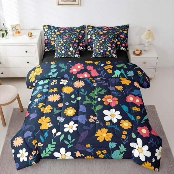 Manfei Floral Daisy 7 Pieces Bedding Comforter Set for Female Women Men,Colorful Flowers Full Bedding Set Lightweight,Spring Graden Fitted Sheet Flat Sheet,Luxury Bedroom Decor,Reversible