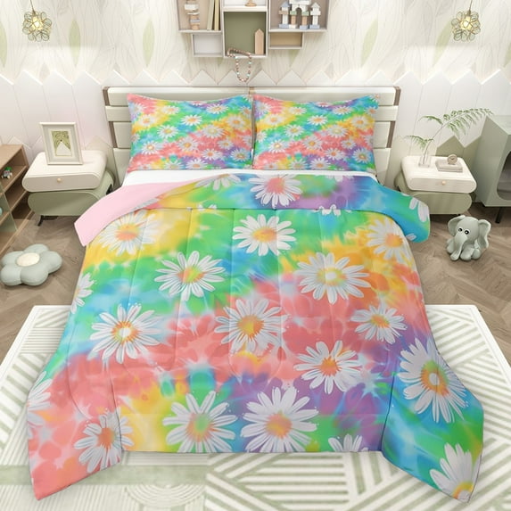Manfei Floral Daisy Boy Girl Bedding Comforter Set 2pcs,Abstract Gradient Twin Comforter Sets Microfiber,Chic Flowers Breathable Bedding Set,Microfiber Bedroom Decor,Reversible