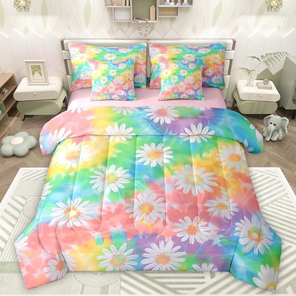 Manfei Floral Daisy Boy Girl Bedding Comforter Set 7 Pieces,Abstract Gradient Full Bedding Set Lightweight,Chic Flowers Fitted Sheet Flat Sheet,Microfiber Bedroom Decor,Reversible