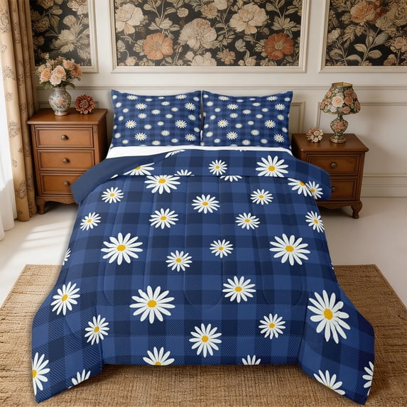 Manfei Floral Daisy Full Size Comforter Sets 3-Piece,Geometric Plaid Bedding Comforter Set,1 Comforter and 2 Pillowcases,Reversible