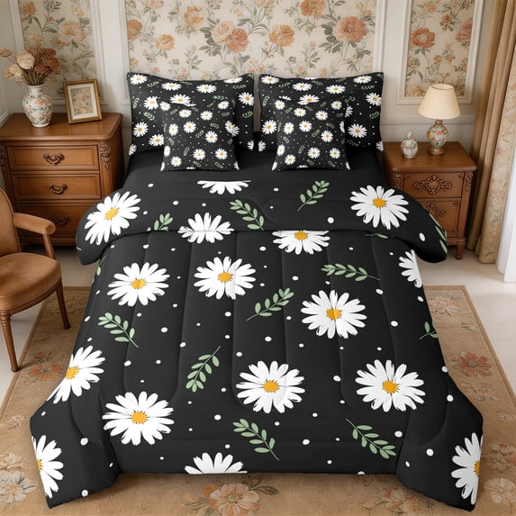 Manfei Floral Daisy Queen Bedding 7pcs,Polka Dots Bedding Comforter Set Queen,Reversible