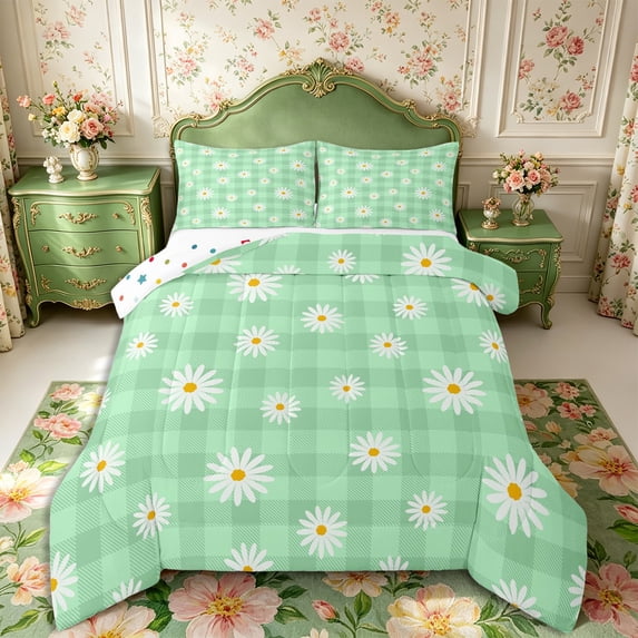 Manfei Floral Daisy Queen Comforter Set 3 Pieces,Geometric Plaid Comforter Sets Queen,1 Comforter and 2 Pillowcases,Reversible