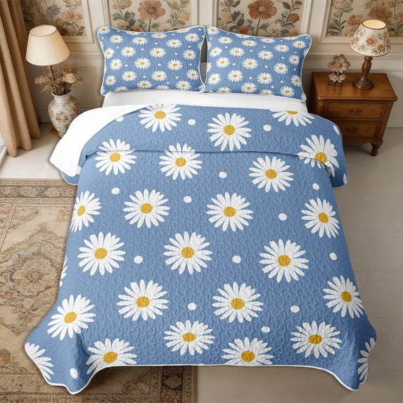 Manfei Floral Daisy Quilt King 3 Pieces,Polka Dots King Coverlet Set,1 Bedspread and 2 Pillowcases