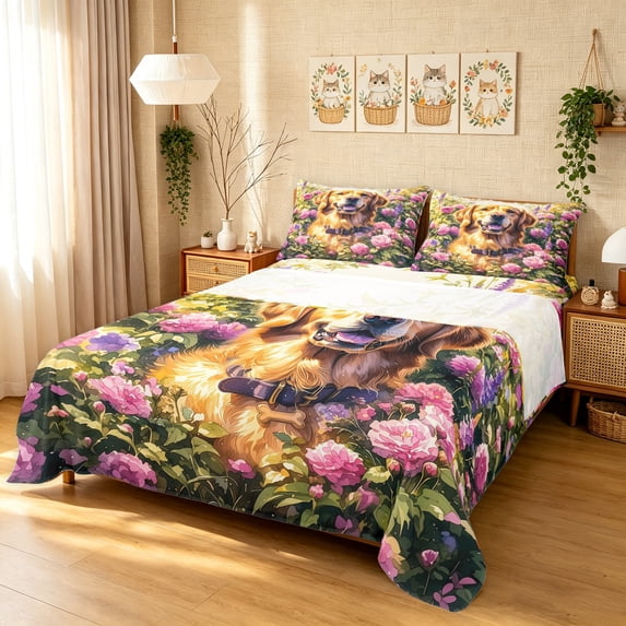 Manfei Floral Dog Bed Sheets, Garden Bloom Full Size Sheets, Orange Green, 4-Piece, 1 Flat Sheet, 1 Fitted Sheet and 2 Pillowcases