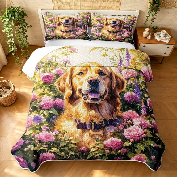 Manfei Floral Dog Twin Quilt Set, Garden Bloom Twin Coverlet Set, Orange Green, 2-Piece, 1 Bedspread and 1 Pillowcase