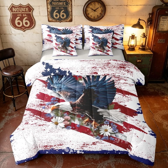 Manfei Floral Eagle Flag Twin Bedding, Patriotic Flower Bedding Comforter Set, Red White Blue, Gray Reversible 7pcs