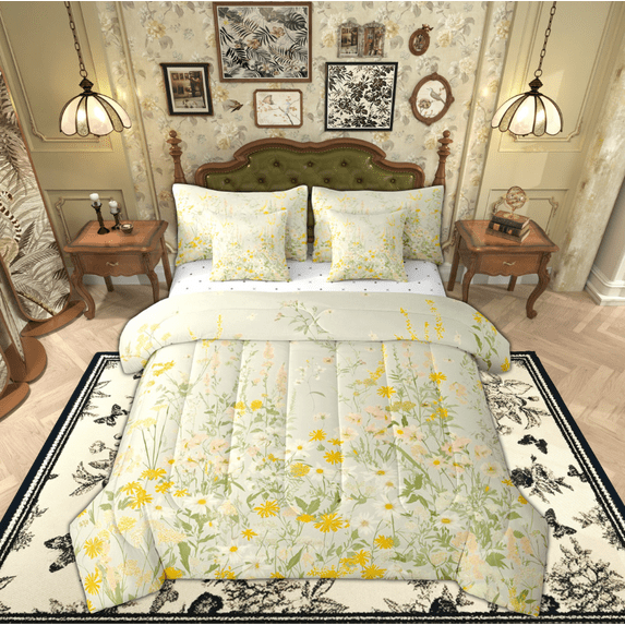 Manfei Floral Flower Bedding Comforter Set 7pcs for Female, Rustic Vibrant Groovy Queen Bedding Sets, Vintage French Style Reversible Queen Sheet Sets, Luxury Bedroom Decor