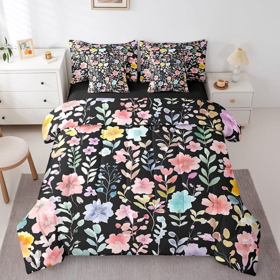 Feelyou Floral Flower Twin Bedding Sets 7-Piece, Chic Watercolor Bedding Comforter Set, Rustic Botanical Sheet Sets, Lightweight Room Decoration