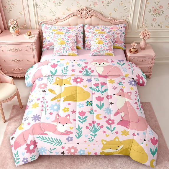Manfei Floral Fox Queen Bedding 7pcs,Cartoon Animal Bedding Comforter Set Queen,Reversible