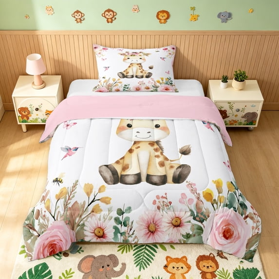 Manfei Floral Giraffe Twin Comforter Sets, Romantic Rose Butterfly Bedding Set, White Pink, Pink Reversible, 2-Piece, 1 Comforter and 1 Pillowcase