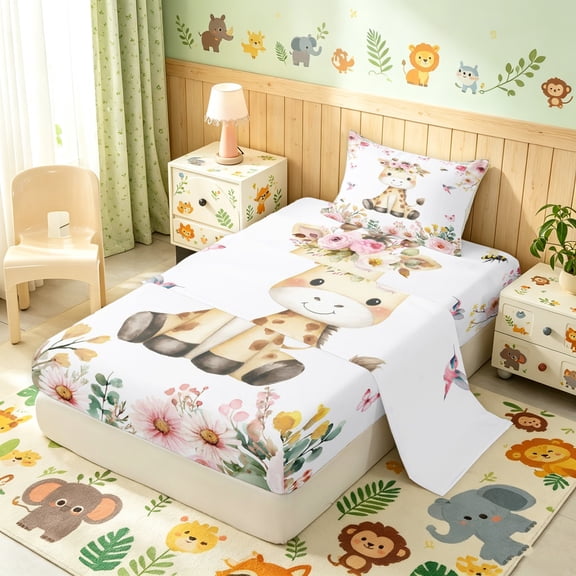Manfei Floral Giraffe Twin Sheets, Romantic Rose Butterfly Bedding, White Pink, 3-Piece, 1 Flat Sheet, 1 Fitted Sheet and 1 Pillowcase