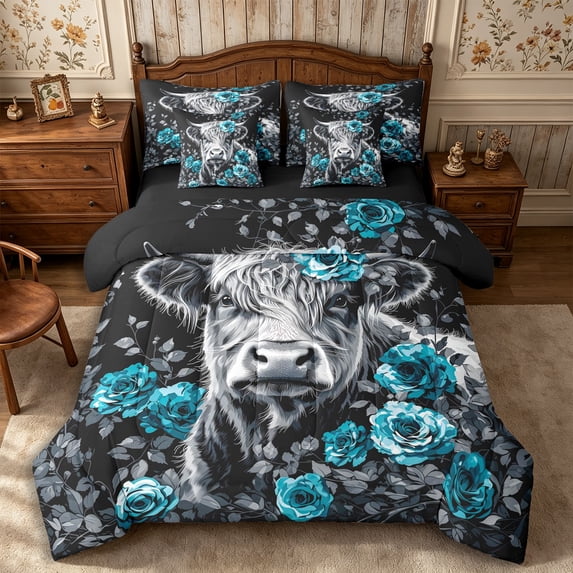 Manfei Floral Highland Cattle 7-Piece Twin Bedding,Vintage Farm Animal Bedding Comforter Set,Blue Gray