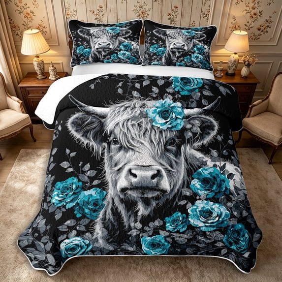 Manfei Floral Highland Cattle Twin Quilt Set 2 Pieces,Vintage Farm Animal Twin Coverlet Set,Blue Gray,1 Bedspread and 1 Pillowcase