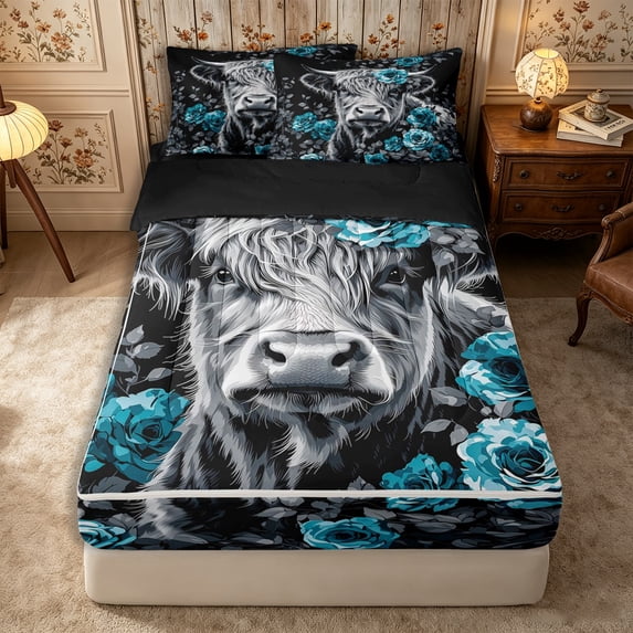 Manfei Floral Highland Cattle Zipper Twin Comforter Sets with Fitted Sheet and 2 Pillowcases,Vintage Farm Animal Zipper Bedding Set,Blue Gray,Reversible