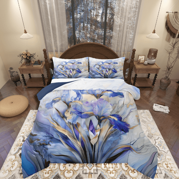 Manfei Floral Iris 3-Piece Full Size Comforter Sets,Gradient Marble Bedding Comforter Set,Abstract Artwork Lightweight Bedding Sets,Microfiber Teens Bedroom Decor,Reversible