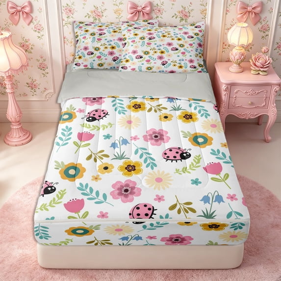 Manfei Floral Ladybug Zipper Queen Comforter Set with Fitted Sheet and 2 Pillowcases,Cartoon Animal Zipper Bedding Set,Reversible