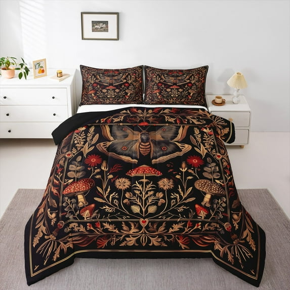 Manfei Floral Moth 3pcs King Size Comforter Sets,Mushroom Flower Bedding Comforter Set,Exotic Style Super Cozy Bedding Set,Microfiber Teenagers Bedroom Decor,Reversible