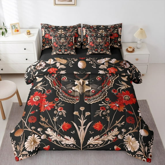Manfei Floral Moth 7pcs Bedding Comforter Set,Botanical Plants Queen Bedding Sets Super Cozy,Bohemian Theme Queen Sheet Sets,Super Cozy Flower Room Decor,Reversible