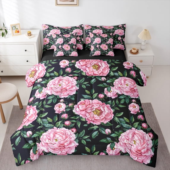 Manfei Floral Peony 7 Pieces Bedding Comforter Set for Female Women Men,Chic Pink Flower Full Bedding Set Lightweight,Spring Graden Fitted Sheet Flat Sheet,Luxury Bedroom Decor,Reversible