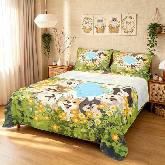 Manfei Floral Puppy King Sheets, Garden Pet Bedding, Green Yellow, 4pcs, 1 Flat Sheet, 1 Fitted Sheet and 2 Pillowcases