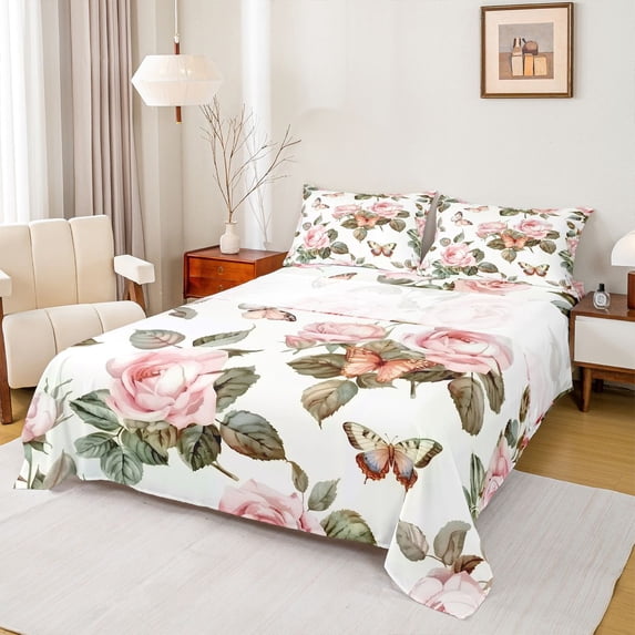 Manfei Floral Rose Girl 4pcs Bed Sheets,Flying Butterflies King Sheets,Dreamy Princess Super Cozy Sheet Set,Breathable Home Decor