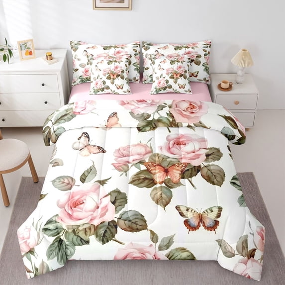 Manfei Floral Rose Girl Bedding Comforter Set 7 Pieces,Flying Butterflies Full Bedding Set Lightweight,Dreamy Princess Fitted Sheet Flat Sheet,Breathable Home Decor,Reversible
