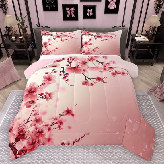 Manfei Floral Sakura 3 Pieces Queen Comforter Set for Female Men,Japanese Style Ultra Soft Bedding Sets,Cherry Blossoms Bedding Comforter Set Breathable,Ultra Soft Home Decor,Reversible