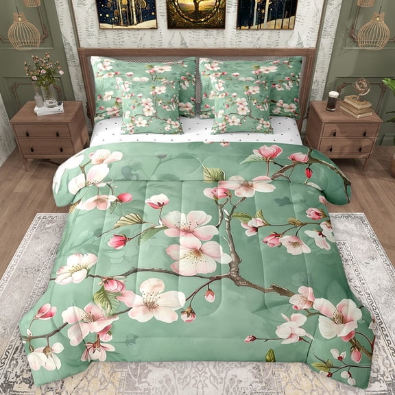 Manfei Floral Sakura Bedding Comforter Set 7-Piece for Female Men,Japanese Style King Bedding Sets,Cherry Blossoms Ultra Soft Bed Sheets,Ultra Soft Home Decor,Reversible