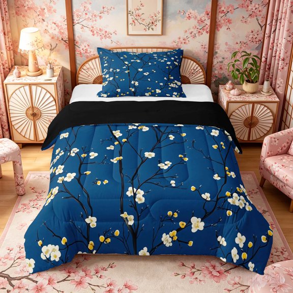 Manfei Floral Sakura Twin Comforter Sets for Home, Blue Pattern Bedding Set for Office, Blue White Yellow, Black Reversible 2-Piece, 1 Comforter and 1 Pillowcase