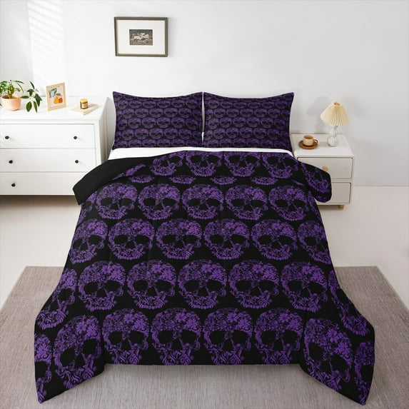 Manfei Floral Skull 2pcs Bedding Comforter Set,Black Purple Twin Comforter Sets,Gothic Style Breathable Bedding Set,Ultra Soft Halloween Home Decor,Reversible