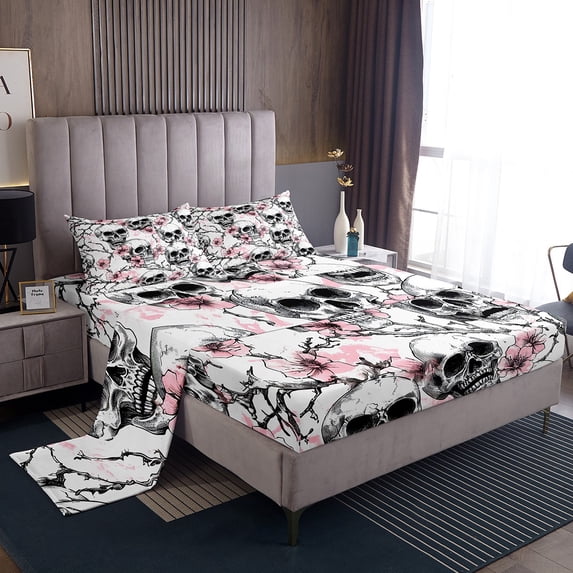 Manfei Floral Skull Bed Sheets King,Grey Pink King Sheet Sets,Happy Halloween Bedding Sets King Size,Breathable Gothic Room Decorative,4pcs