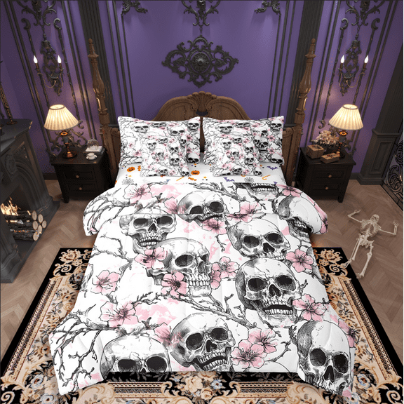 Manfei Floral Skull Bedding Queen Size,Grey Pink Comforter Sets with Sheets,Happy Halloween Bedding Sets Queen Size,Breathable Gothic Room Decorative,Reversible,7pcs