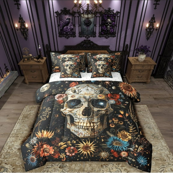 Manfei Floral Skull Bedding Sets Twin Size,Gothic Style Comforter Sets with Sheets,Happy Halloween Bed in a Bag Twin size,Ultra Soft Exotic Bedroom Decorative,Reversible,7-Piece