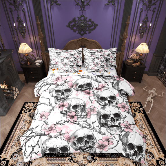 Manfei Floral Skull Bedding Sets Twin Size,Grey Pink Comforter Sets with Sheets,Happy Halloween Bed in a Bag Twin size,Breathable Gothic Room Decorative,Reversible,7-Piece