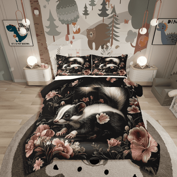 Manfei Floral Skunk 2pcs Bedding Comforter Set,Chic Flower Twin Comforter Sets,Kawaii Animal Breathable Bedding Set,Ultra Soft Wildlife Home Decor,Reversible