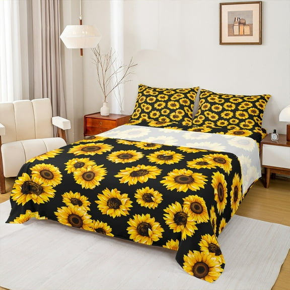 Manfei Floral Sunflower 3pcs Twin Sheet Sets,Black Golden Twin Fitted Sheet,Chic Flower Breathable Flat Sheet,Teenager Bedroom Decor