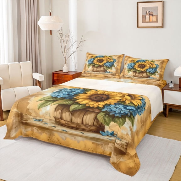 Manfei Floral Sunflower Hydrangea Girl 4 Pieces Queen Sheet Sets,Retro Chic Flower Ultra Soft Flat Sheet,Vintage Aesthetics Queen Fitted Sheet,Lightweight Room Decor