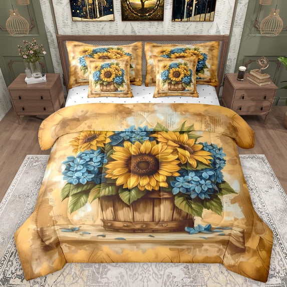 Manfei Floral Sunflower Hydrangea Girl Bedding Comforter Set 7-Piece,Retro Chic Flower King Bedding Sets,Vintage Aesthetics Ultra Soft Bed Sheets,Lightweight Room Decor,Reversible