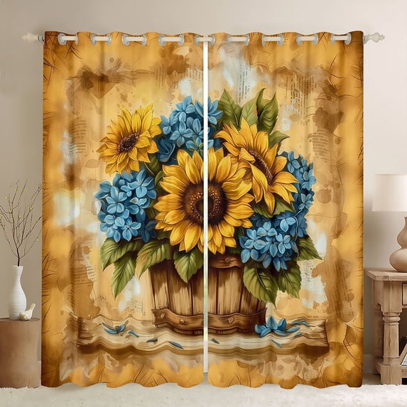Manfei Floral Sunflower Hydrangea Girl Black Out Curtains,Retro Chic Flower Curtains Pack of 2 (42x63 Each),Vintage Aesthetics Bedroom Curtains,Lightweight Room Decor