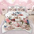 thumbnail image 1 of Manfei Floral Teacups Teapot 3 Pieces Queen Comforter Set for Teens Adults,Rose Fruit Strawberry Cupcake Ultra Soft Bedding Sets,Vintage Tea Party Bedding Comforter Set Breathable, 1 of 8