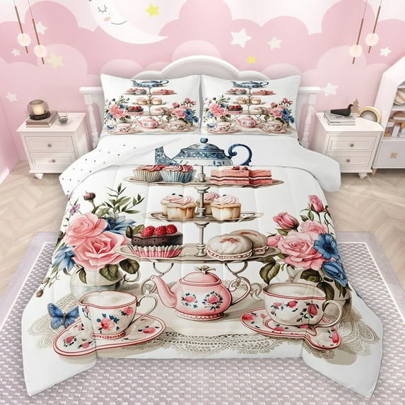 Manfei Floral Teacups Teapot 3 Pieces Queen Comforter Set for Teens Adults,Rose Fruit Strawberry Cupcake Ultra Soft Bedding Sets,Vintage Tea Party Bedding Comforter Set Breathable