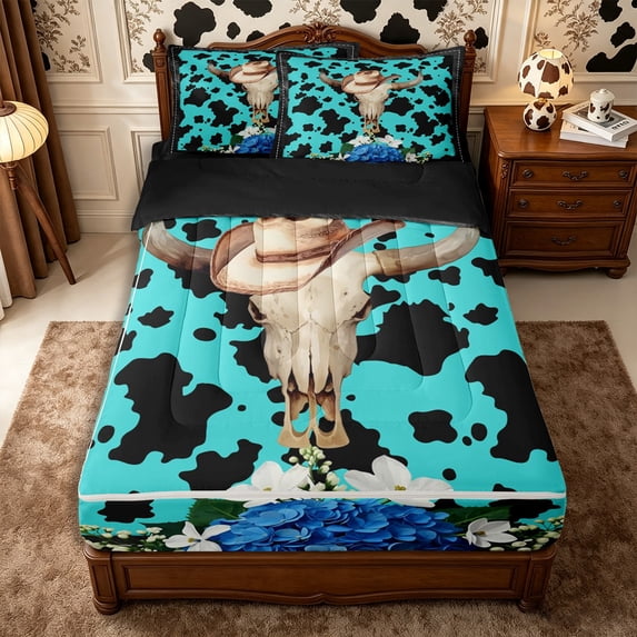 Manfei Floral Western Bull Skull Zipper Twin Comforter Sets with Fitted Sheet and 2 Pillowcases,Cow Print Zipper Bedding Set,Turquoise Black,Reversible