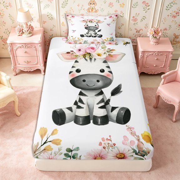 Manfei Floral Zebra Twin Fitted Sheet 2 Pieces,Spring Garden Bedding,1 Fitted Sheet and 1 Pillowcase