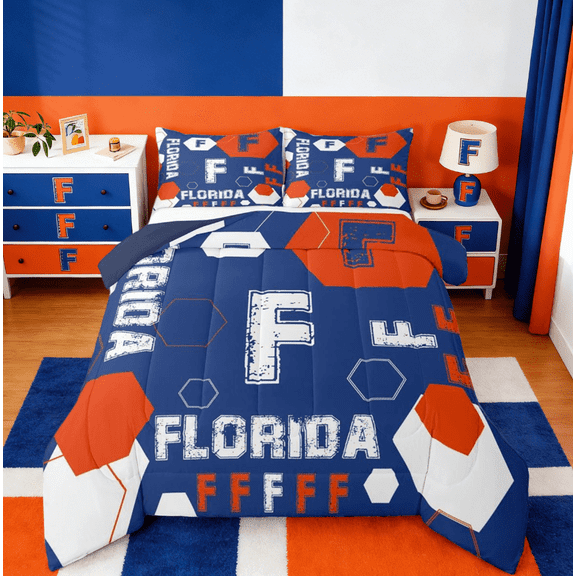 Manfei Florida Monogrammed F Queen Comforter Set,Geometric Hexagon Bedding Sets,Blue Orange White Bedding Comforter Set For Boy Teens,Ultra Soft Bedroom Decor Reversible,3 Pieces