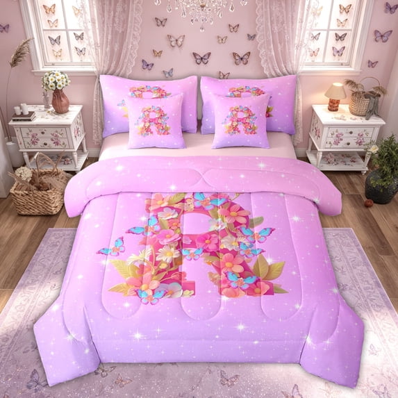 Manfei Flower Butterfly Letter R Twin Bedding Sets for Girls, Cute Initial Bedding Comforter Set, Pink Reversible, 7pcs