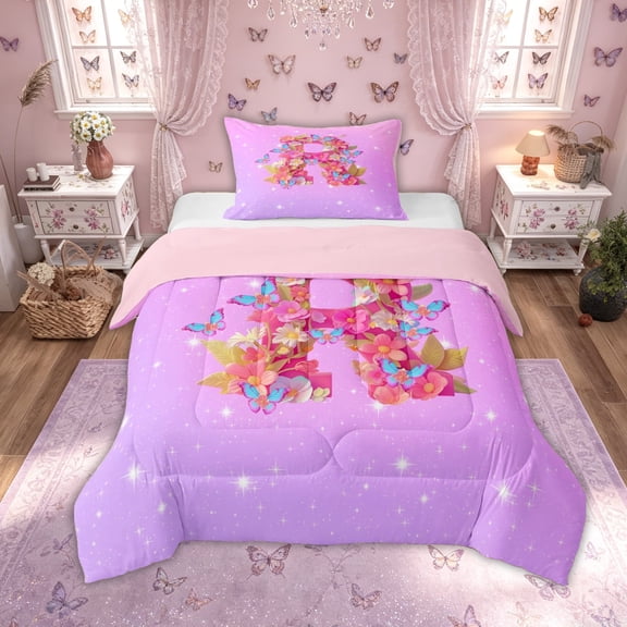 Manfei Flower Butterfly Letter R Twin Comforter Sets for Girls, Cute Initial Bedding Set, Pink Reversible, 2pcs