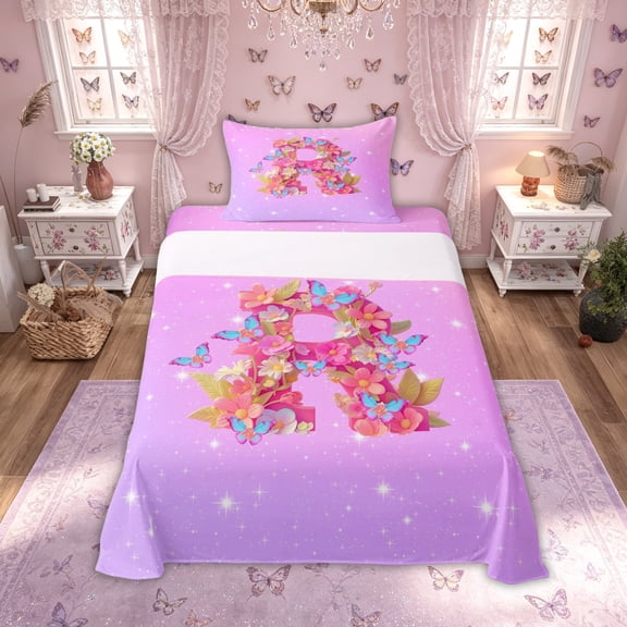 Manfei Flower Butterfly Letter R Twin Sheet Sets for Girls, Cute Initial Bedding, 3pcs