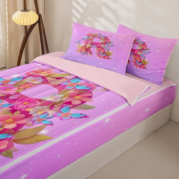 Manfei Flower Butterfly Letter R Zipper Twin Comforter Sets with Fitted Sheet and 2 Pillowcases for Girls, Cute Initial Zipper Bedding Set, Pink Reversible, 4pcs