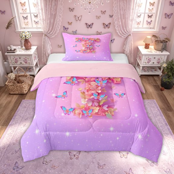 Manfei Flower Butterfly Letter T Twin Comforter Sets for Girls, Cute Initial Bedding Set, Pink Reversible, 2-Piece