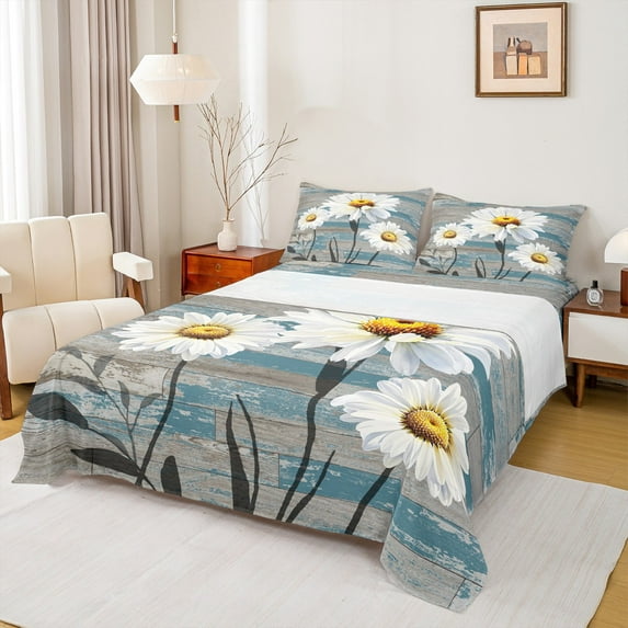 Manfei Flower Daisy 4 Pieces Queen Sheet Sets,Lodge Cabin Ultra Soft Flat Sheet,White Blue Queen Fitted Sheet,Teens Bedroom Decor